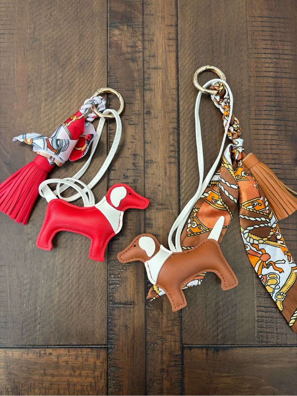 Cute Dog Bag Charm Keychain with Scarf & Tassel – Red